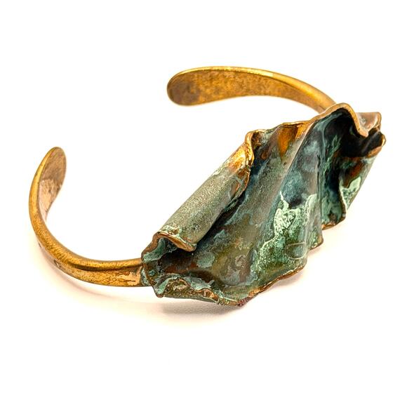 Handmade Jewelry - Vintage 70s Brutalist Artisanal Copper Verdigris Patina Sculptural Cuff Bracelet
